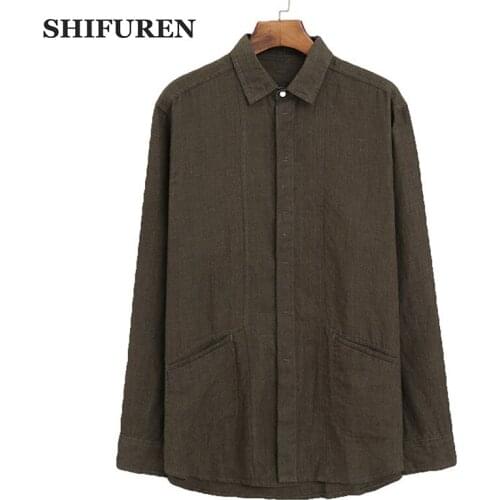 SHIFUREN 2019 New Spring Men Linen Shirts Long Sleeve Loose Fit Soft Breathable Blouse Turn-down Collar Male Social Dress Shirts