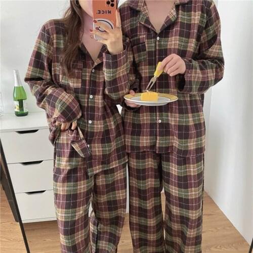 Couple pajamas set thicken warm sanding winter home clothes 2 piece set women men plaid home suit sleepwear homewear autumn Y293