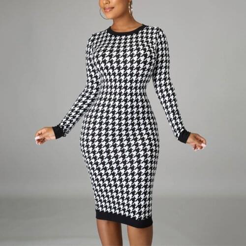 Womens Houndstooth Bodycon Dress O-neck High Waist Back Hole Slim Midi Dresses Female Spring Fashion Ladies Vestidos New Trend