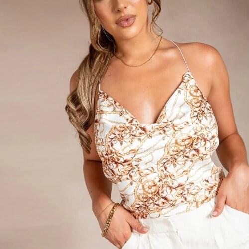 Print Cami Top Summer Backless Cowl Neck Spaghetti Strap Patchwork Crop Tank Top Women Casual Outfits Sexy Streetwear