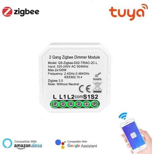 Tuya Zigbee 1/2 Gang Smart Dimmer Switch No Neutral Relay Smart Home Automation Module Remote Control Work With Alexa GoogleHome