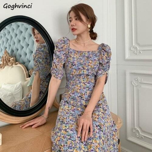 Dress Women Prairie Chic Sweet Sundress Daily Puff Sleeve Folds Square Collar Elegant Leisure Holiday Simple Retro Lady Ulzzang