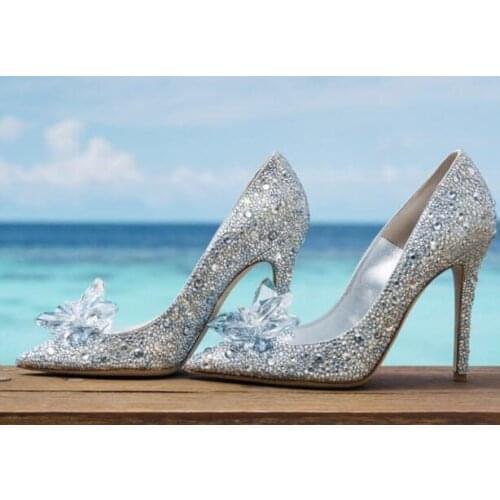 Drop Shipping Woman Bling Bling Cinderella Crystal Rhinestones Wedding Pumps Silver Red Gold Black Bride Shoes