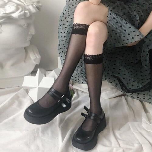 Spring Lolita Stocking Women Sexy Lace Mesh Harajuku Gothic Knee Thigh High Socks Summer Cute Girls White Basic Long Socks PJ245