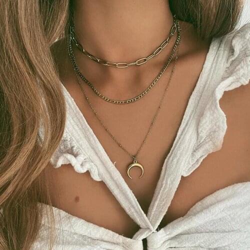 Vintage Multilayer Moon Pendant Necklace Women Gold Color Beads Moon Horn Crescent Choker Necklaces Bohemia Jewelry