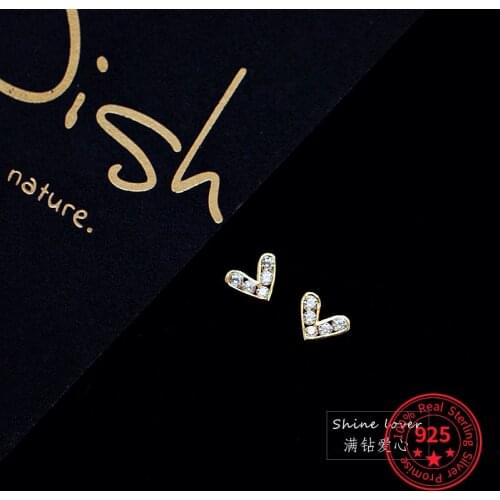 925 Sterling Silver14K Gold Simple Pavé Crystal Heart Stud Earrings Women Light Luxury Temperament Wedding Jewelry Gifts