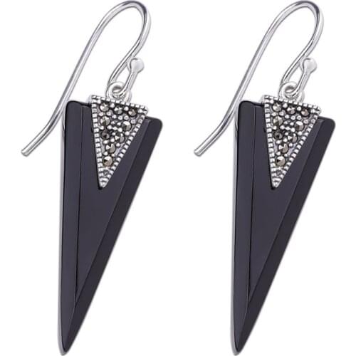 Handmade Earrings S925 Sterling Silver Ornament Womens Black Agate Ear Pendant New Style