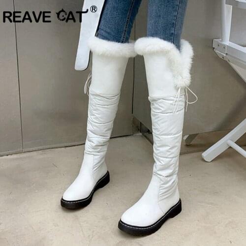 REAVE CAT Winter Warm Over-the-Knee Snow Boots Down Fur 3cm Chunky Heel Down Pull On Slim Band Big Size 33-43 White Daily S2063