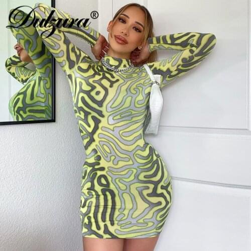 Dulzura Zebra Tie Dye Print Women Long Sleeve High Neck Mini Dress Bodycon Sexy Streetwear Party Night Club 2021 Autumn Winter