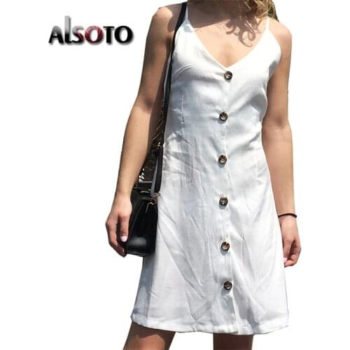 ALSOTO 2020 Summer Dress Women Solid Color Sexy V-neck Sling Sleeveless Backless Beach Loose Shift Dresses Vestido robe femme
