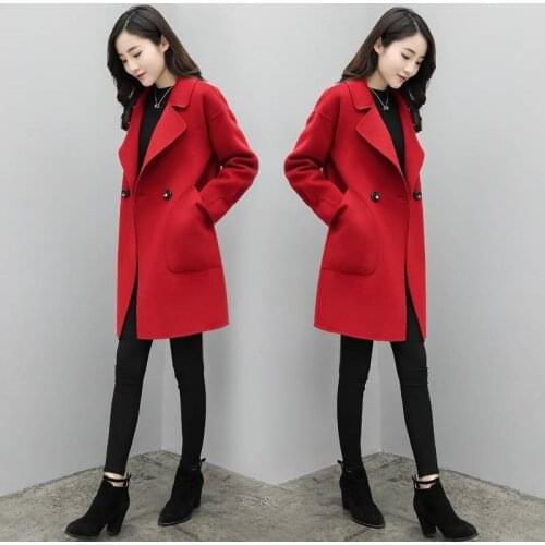 2021 Autumn Women Fashion Solid Wool Blends Coat Pockets Blue Casual Slim Jacket Overcoat