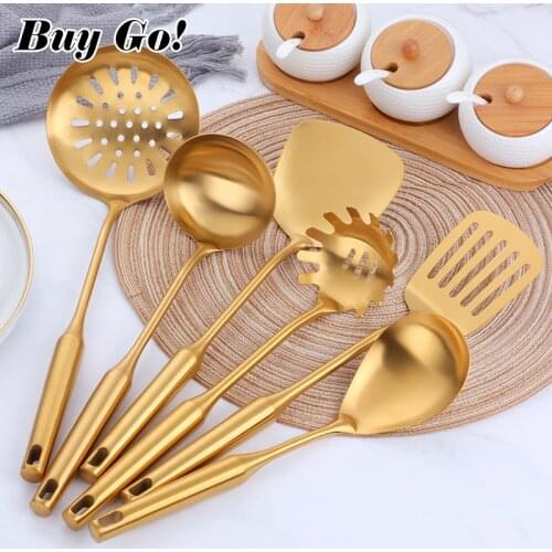 1PCS Stainless Steel Gold Kitchen Utensils With Holder Cooking Tools Set Turner Ladle Spoon For Restaurant Dinnerware