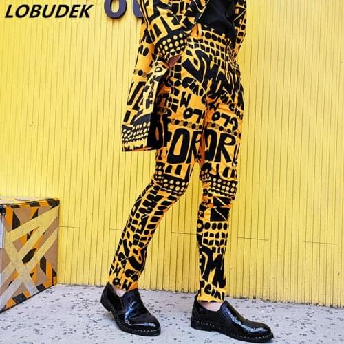Mens Fashion Yellow Letter Floral Printed Suit Trousers Bar Nightclub Stage Singer DJ Male Hip Hop Casual Pants Slim Fit Pants