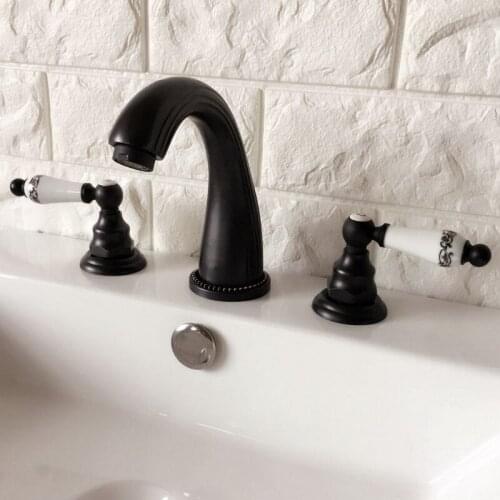 Black Oil Rubbed Bronze Double Handles 3 Holes Install Widespread Deck Mounted Bathroom Sink Basin Faucet Sink Mixer Tap mhg060