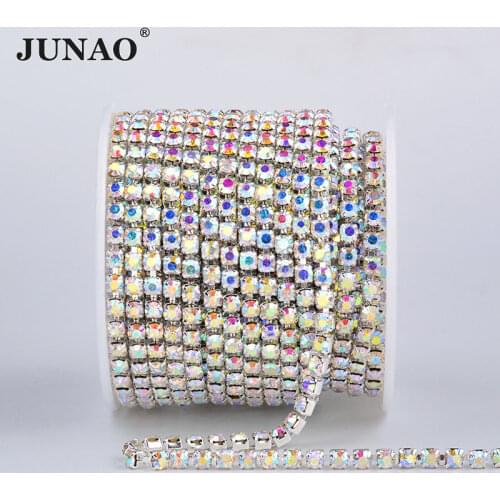 JUNAO 10 Yard ss 6 8 10 12 16 18 Clear White Crystal Chain AB Claw Rhinestones Trim Glass Crystals Applique Flatback Strass Band