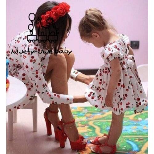 Cute Fruit Cherry Print Cotton Summer Dress Girl Kids Short Sleeve Bowknot Waistband O-Neck Sundress Kids Dress Party Of Girls