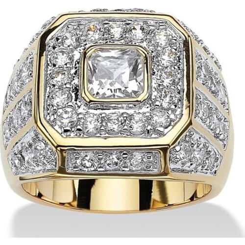 Fashion Mens Square White Crystal Ring For Women Full Rhinestone Golden Punk Finger Ring Mens Rock Crystal Ring Wedding Jewelry