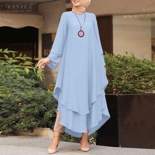 Fashion Musllim Dress Womens Autumn Sundress 2021 ZANZEA Casual Long Sleeve Irregular Vestidos Female Hollow Maxi Robe Oversize