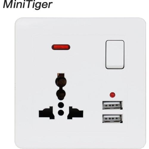 Minitiger Wall Power Socket 13A Universal 3 Hole Switched Outlet 2.1A Dual USB Charger Port LED indicator White Curved surface