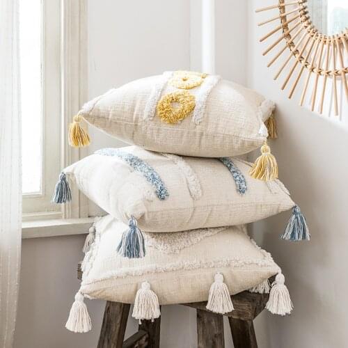 Cushion Cover Tuft Tassels Handmade Moroccan Style Neutral Decoration Pillow Cover 45x45cm For Sofa Bed Ivory