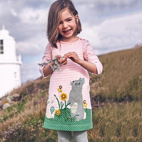 2019 autumn Europe and the United States new girls cotton woven striped embroidery animal cartoon long-sleeved dress