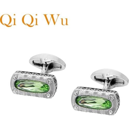 QiQiWu Retro Green Crystal Men Cufflinks Wedding Luxury Square Mens Shirt Cuff Buttons Silver Plated Cuff links Christmas Gifts