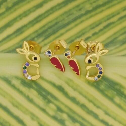 Rainbow Rabbit and Carrot Stud Earrings Women Creative Cartoon Ear Jewelry for Child Girls Crystal Zircon Small Bunny studs