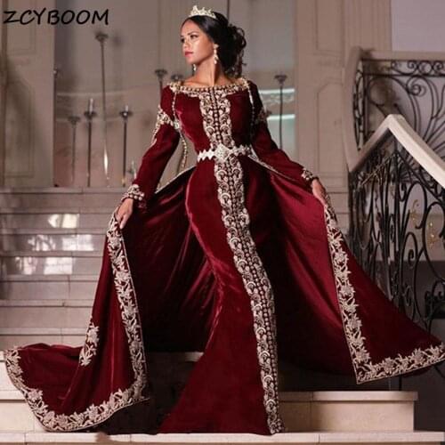 Wine Red Muslim Prom Dresses 2021 Women Formal Party Night Vestidos De Gala Embroidery Velvet Elegant Saudi Arabia Evening Gowns