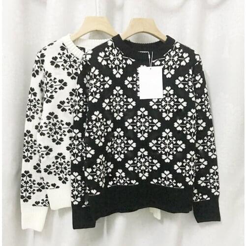 Vintage Black White Flower Jacquard Pullover Sweater Female 2021 Autumn Winter New Slim O-Neck Sweater Designer Korean Clothes