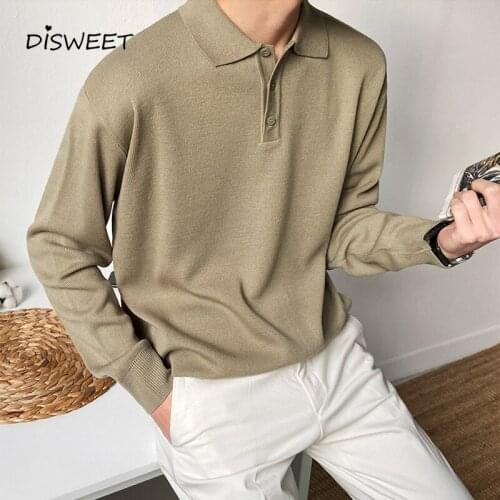 Knitted Solid T-shirt Men Korean Loose Long-sleeved Slim-fit Lapel Tees Mens Casual Warm Boy Coat 2020