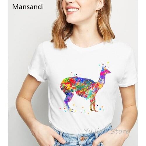 Ropa mujer 2019 Watercolor Alpaca Llama animal print t shirt women summer kawaii tshirt tee shirt femme tops women’s shirt