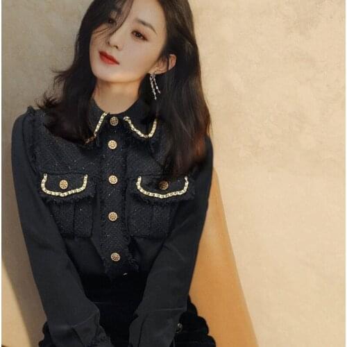 Elegant High End Chiffon Dobby Tweed Patchwork Women Blouse Long Sleeve Shirt Top Autumn Ripped Chemise Femme Blusa Mujer Camisa