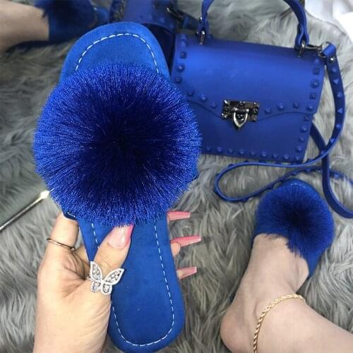 Sandalias Blue Studded Wallet And Fur Ball Slippers Fashion Slides And Jelly Bags Womens Sandals With Handbags