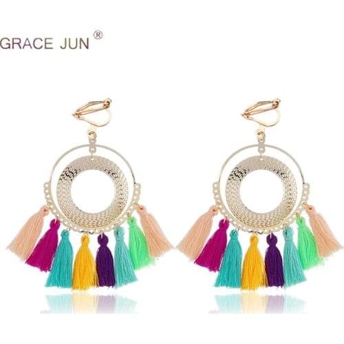 GRACE JUN Hot Sale Bohe Sector Tassel Clip on Earrings for Women Party Wedding Gorgeous Large Gold Color Double Circle Ear Clip