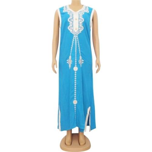 Beach Style Bohemian Sleeveless Diamonds Retro Ladies Clothes 100% Cotton Appliques Pearl African Dresses for Women