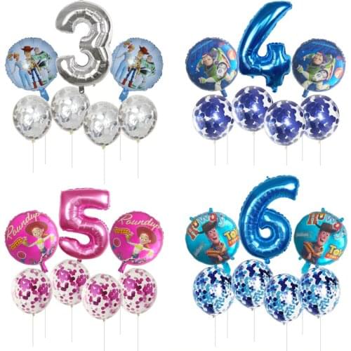 7pcs Toy Buzz Lightyear Balloons Number Blue Pink Silver Foil Ballon Story Happy Birthday Party Ballon Cartoon Kids Toy supplies