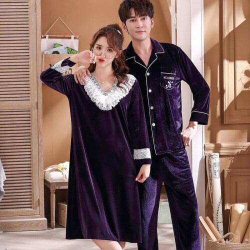 Couple Velvet Pajamas Suit Autumn Sweet Lace Trim Women Velour Nightdress Men Shirt Pant Nightwear Lovers Sleepwear Home Wear