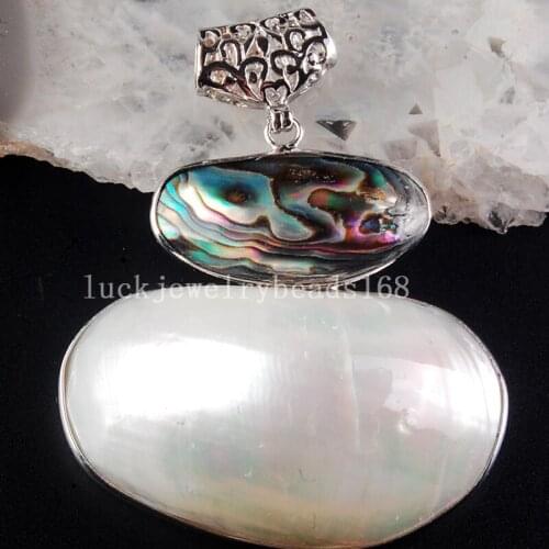 Free Shipping Women Fashion Jewelry 51x63x15mm Beautiful White Mother of pearl Ablone Shell Oval Pendant Bead C3770
