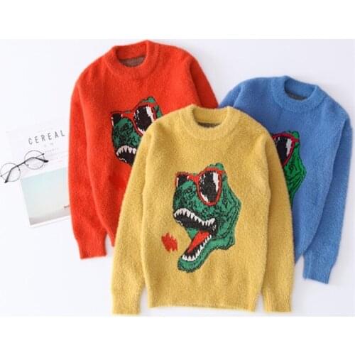 Siddons kids sweaters with cute dinosaurs design Round collar thick boys pullovers of mink-wool knitted for autumn and winter