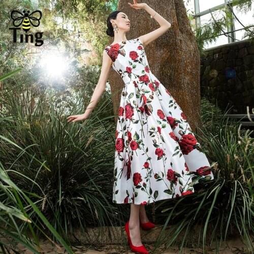 Tingfly Designer Runway Rose Floral Printing Ball Gowns Party Dresses 90s Vintage Elegant Tea Length Vestidos Elbise Princess