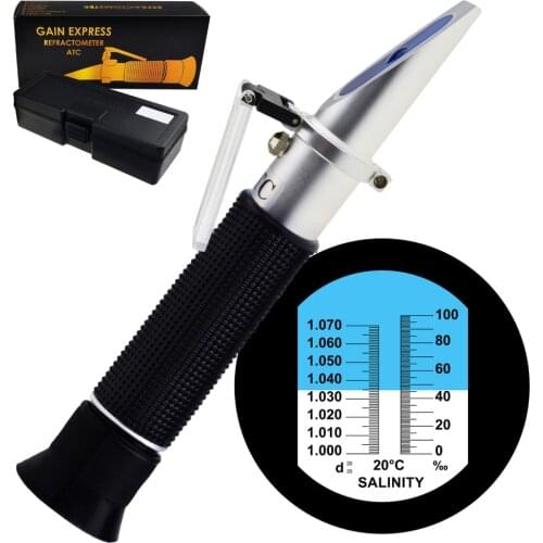Dual Scale Salinity Refractometer ATC 0-100ppt (0-10%) & 1.000-1.070 Specific Gravity for Aquarium Brackish Reef Tank Marine