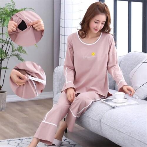 Cotton Maternity Pajamas Set Cardigan+Trousers Turn-down Collar Spring Autumn Pregnant Women Nursing Clothings Nightgown