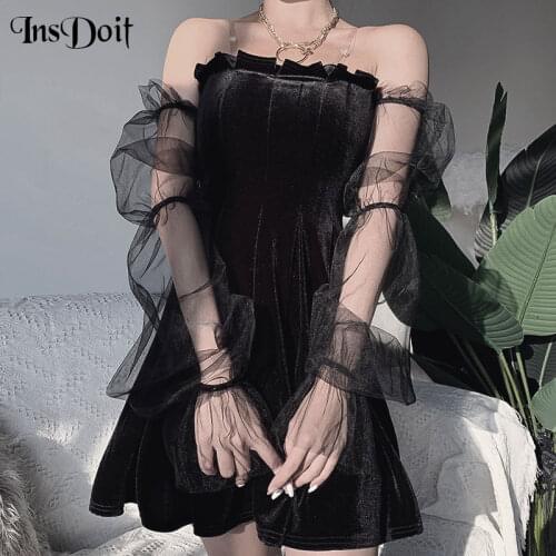 InsDoit Harajuku Vintage Black Off Shoulder Mini Dress Gothic Mesh Patchwork Long Puff Sleeve Dresses Women Sexy Club Dresses