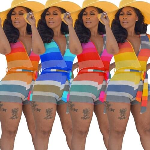 Echoine Summer Women Rainbow stripe Rompers Deep V Neck Short Sleeve Bow Tie Playsuit Holiday One Piece Beach Party Wear Overall
