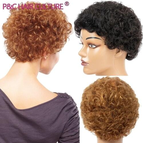 Short Afro Curly Wig Blend Human Hair Pixie Cut Wigs For Black Women Blond Curly Wig High Quality Full Machine Made Glueless