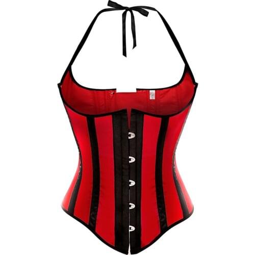 Red Lace Up Corset Top Satin Halterneck Body Shapewear Waist Trainer Underbust Striped Brocade Corset Sexy