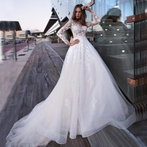 Vestido De Noiva Scoop Illusion Sheer Long Sleeve Appliques Lace Buttons Back A-Line Tulle Wedding Dresses 2020
