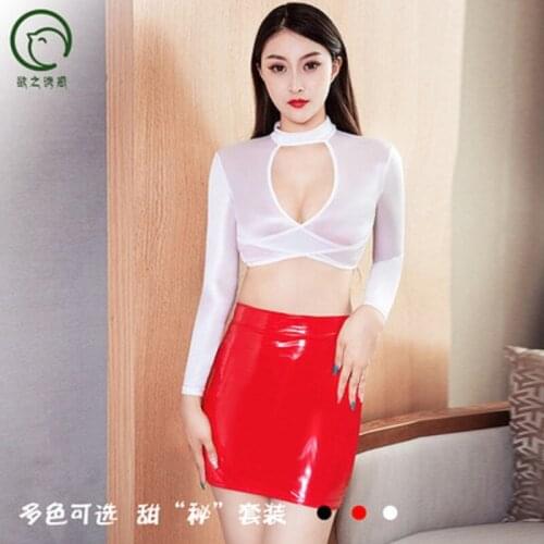 Exposed Breast Hollow Out Long Sleeve Short Crop Top Miniskirts Professional Women Lingerie Suit Seduced Patent Leather Skirt