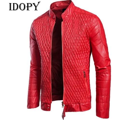 Idopy Motorcycle Faux Leather Jacket Mens PU Biker Casual Outerwear Black Red Coat