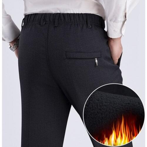 Mens casual pants fitness straight polyester long trousers plus size 2019 fall winter dark grey business formal velvet slacks